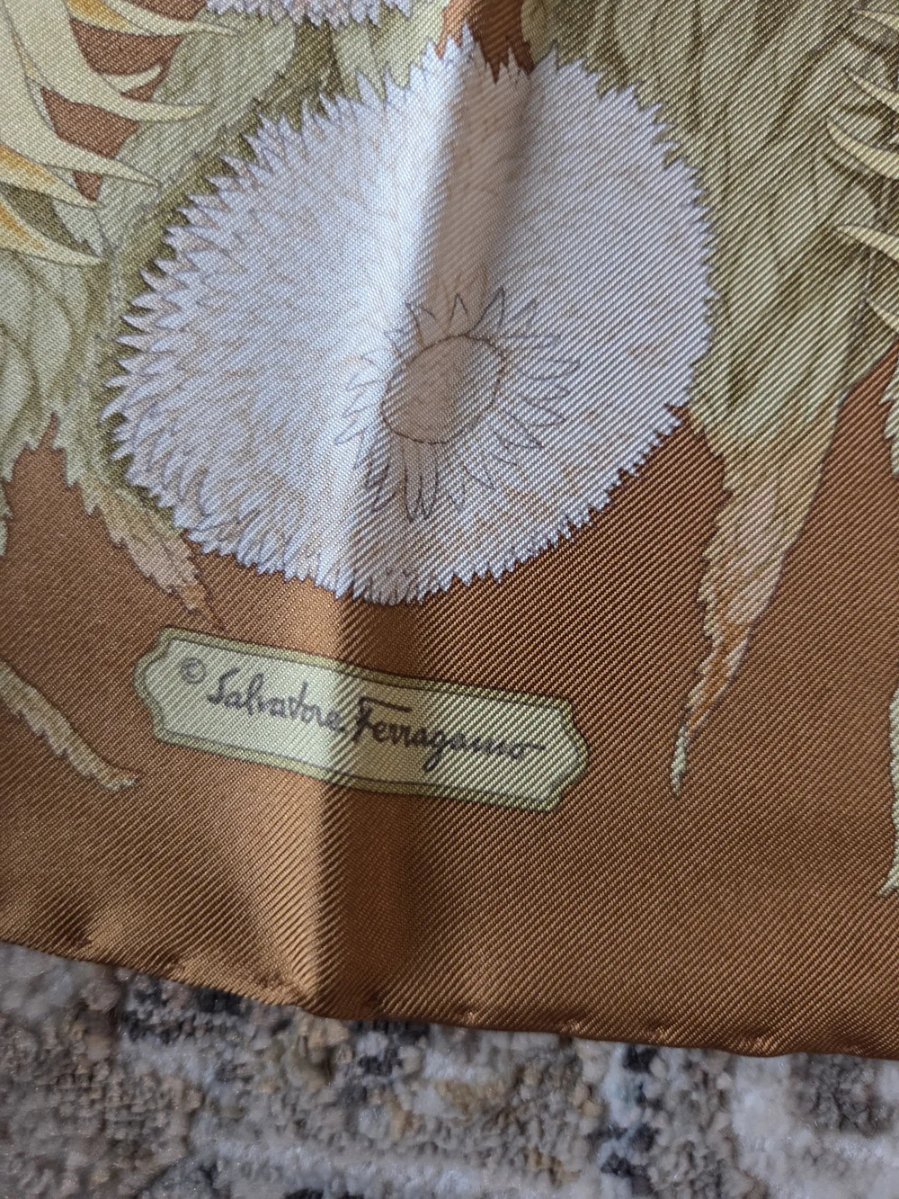 Salvatore Ferragamo Sunflower Silk Scarf in Golden Brown and Yellow